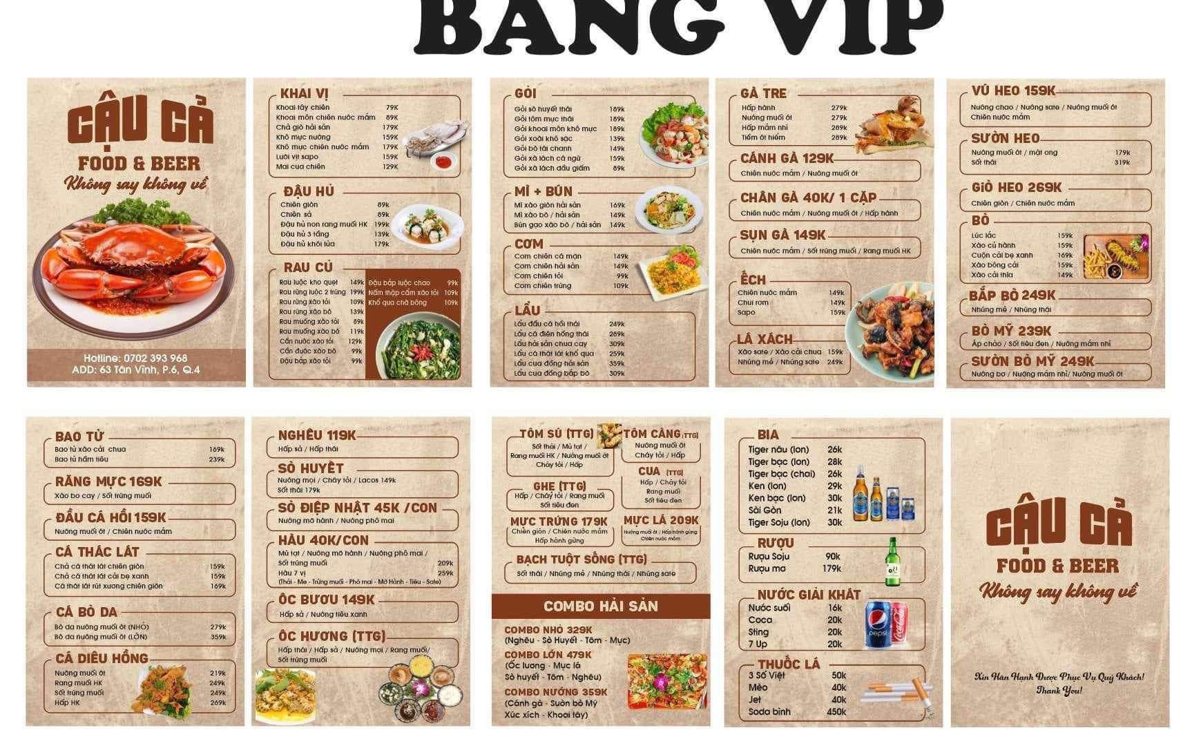 Phòng VIP Menu Cậu Cả Food Beer