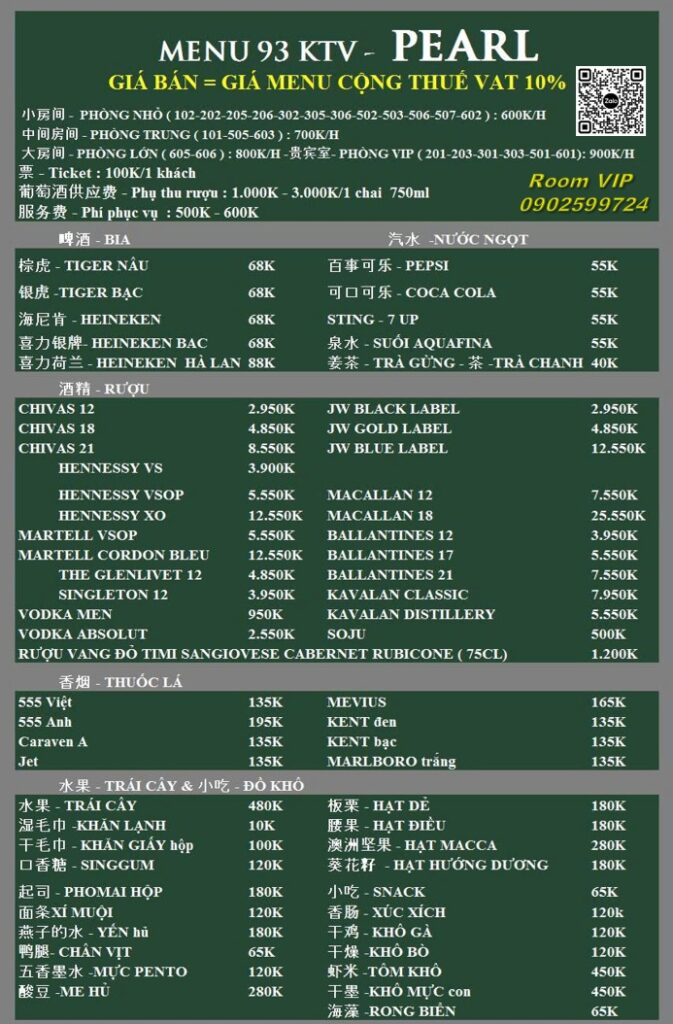 Menu Booking KTV 93 Pearl An Dương Vương Quận 5
